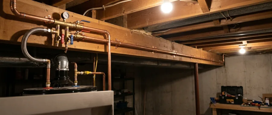 a finished run of new copper pipe strapped neatly across basement joists, joined into the water heater at one end and the manifold at the other, soft utility light
