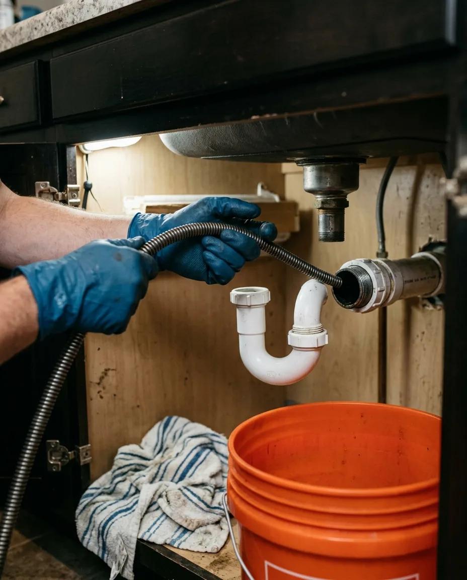 gloved hands feeding a drain auger cable into an open kitchen sink trap, trap unions still joined to the wall stub, bucket and towel on the cabinet floor