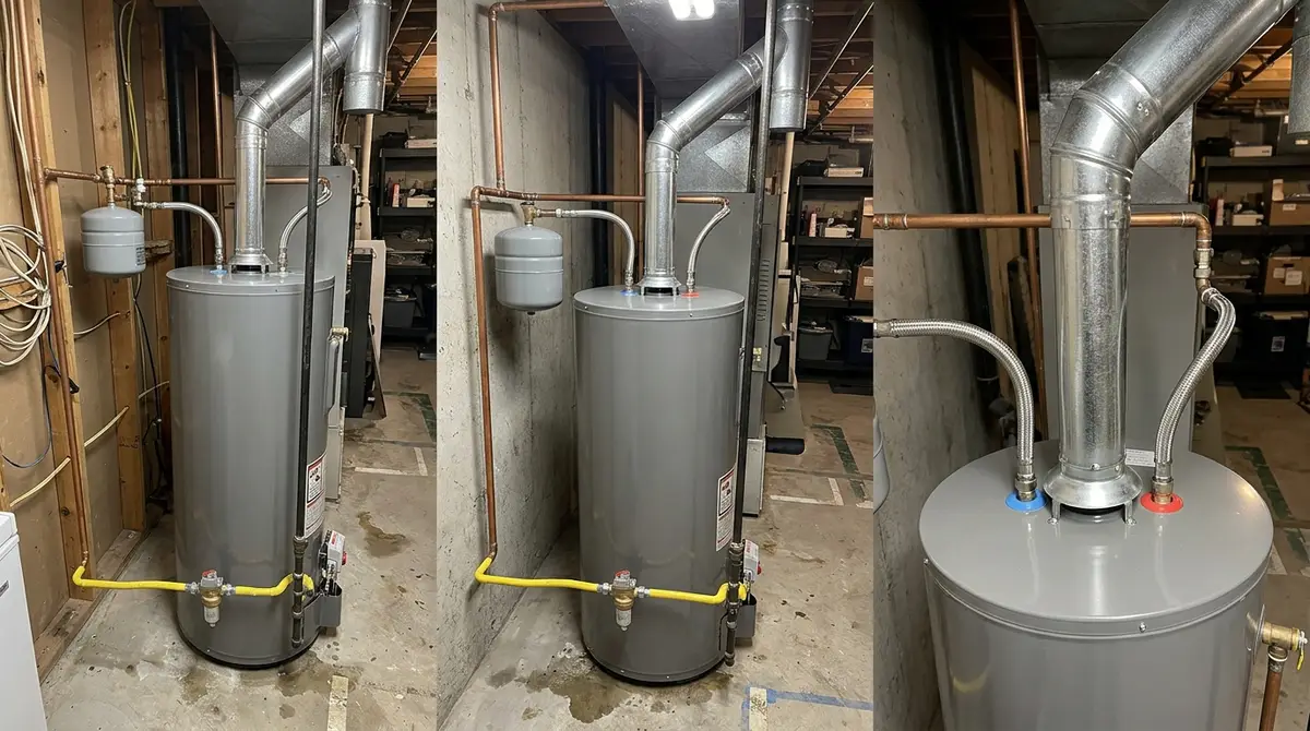 a finished water heater installation in a basement utility corner, flex supply lines joined at both ends, gas line connected, vent pipe run into the flue, expansion tank in place