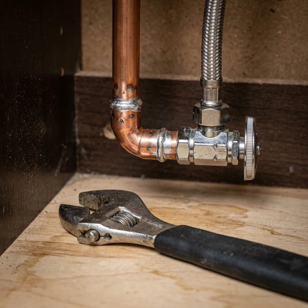 macro of a freshly soldered copper joint under a bathroom vanity with the angle stop reconnected and an adjustable wrench resting on the cabinet base