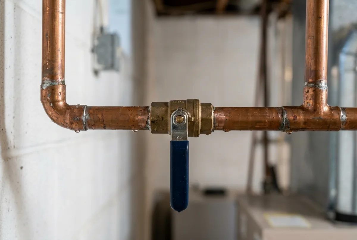 a quarter-turn ball valve installed on the copper main line in a basement utility space, pipe joined into the valve on both sides and continuing out of frame, soft light